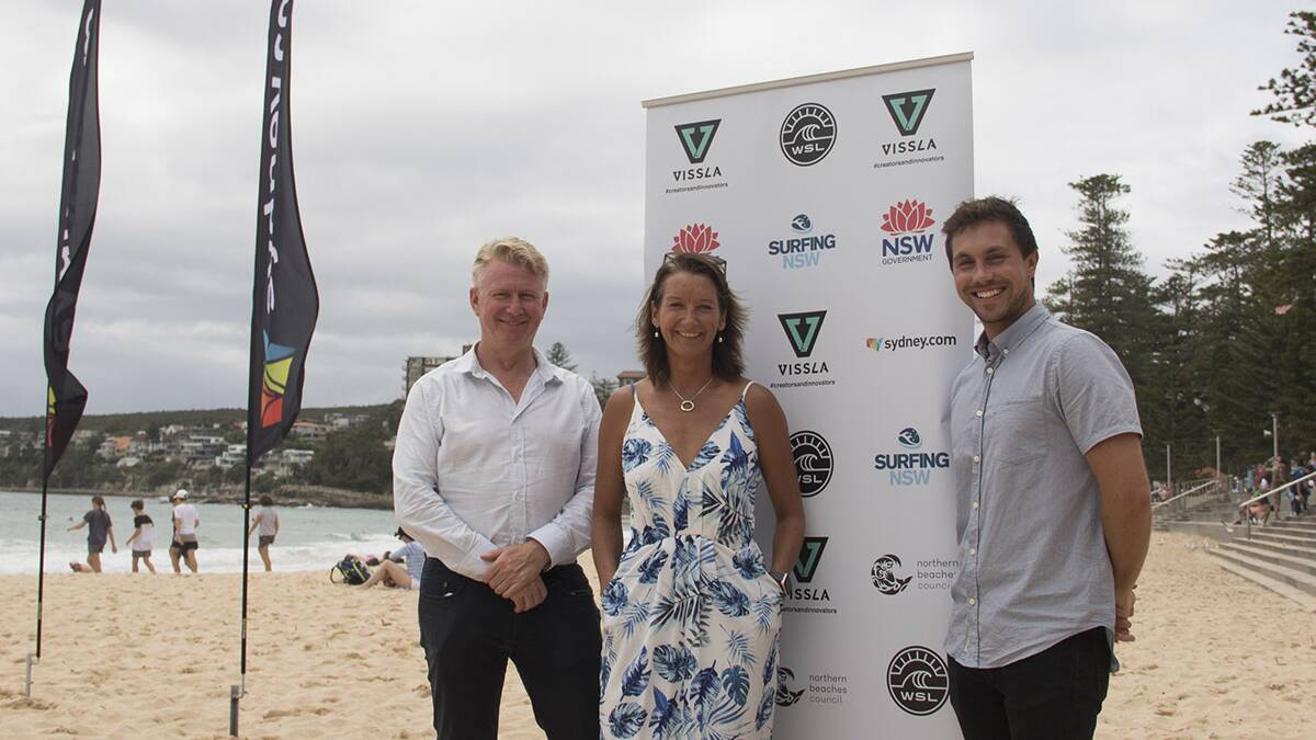 Surfing NSW CEO Luke Madden, Surfing NSW Chairman John O'Neill and  seven-times World Champion Layne Beachley at the Manly launch,Picture  Ethan Smith / Surfing NSW.