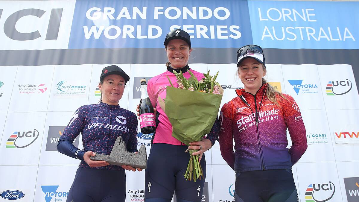 Podium: Winner Ankudinoff with Sharlotte Lucas (Specialized Women's Racing)​ and Georgia Whitehouse (Sydney Uni-Staminade). Picture Con Chronis