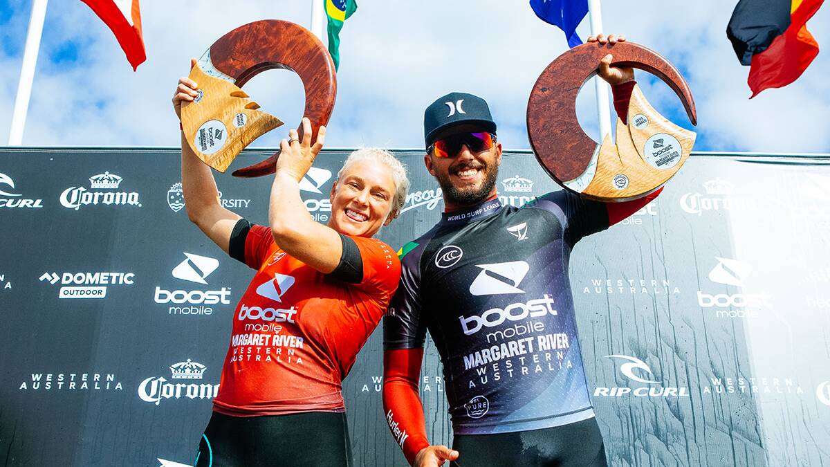 Tatiana Weston-Webb (BRA) and Filipe Toledo (BRA) celebrate their wins at the Boost Mobile Margaret River Pro pres. by Corona.Picture WSL / Miers