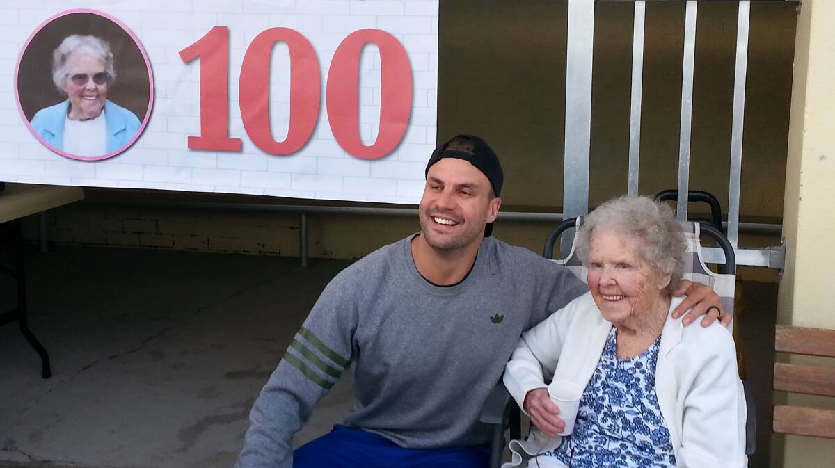 Century: NRL footballer Beau Ryan popped in to meet a real celebrity at Elsies birthday bash at Shelly Pool.