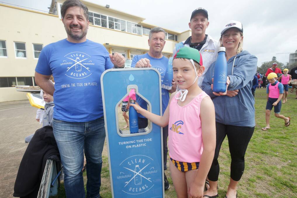 North Cronulla Nippers have launched their Clean Oceans partnership-with drinking fountains and recycled drinking containers. George Sabados, Brett Pattinson Stuart Voight, Linda Hawkins (club capt) and Nipper Van Voight. Picture: Chris Lane