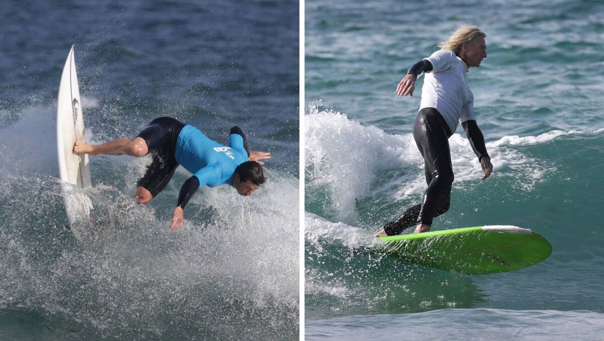 Style: (Left) Carve Dunny Bowl Open winner Jared Hickel. (Right) O50 Spring Classic winner Paul Detmold surfing on Saturday. Pictures: John Veage