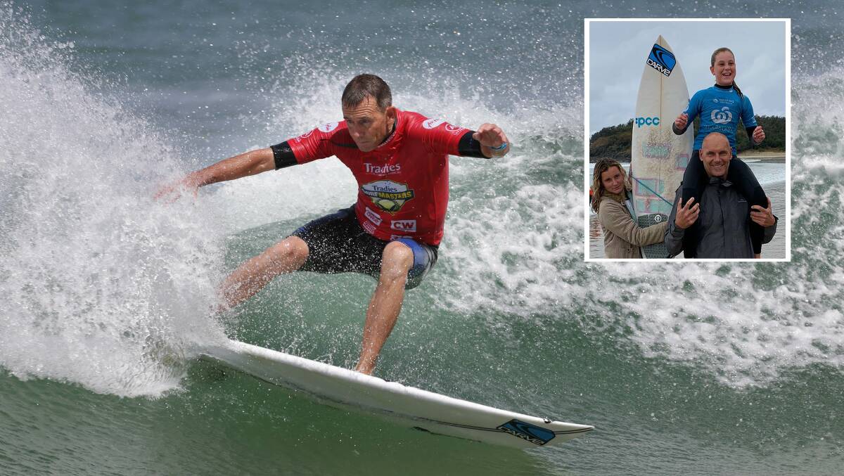 Winners: Glenn Pringle takes the 50s title at Tradies Surfmasters. (Inset) Grace Gosby wins the Groms under-12s girls title. Pictures: John Veage 