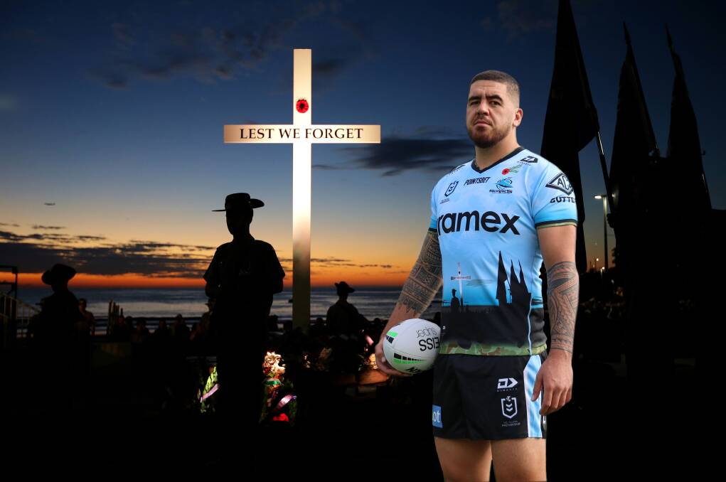 Regard: Powerful prop Braden Hamlin-Uele is not playing this week but demonstrates the respectful new Sharks jersey for the upcoming Anzac round.Picture John Veage
