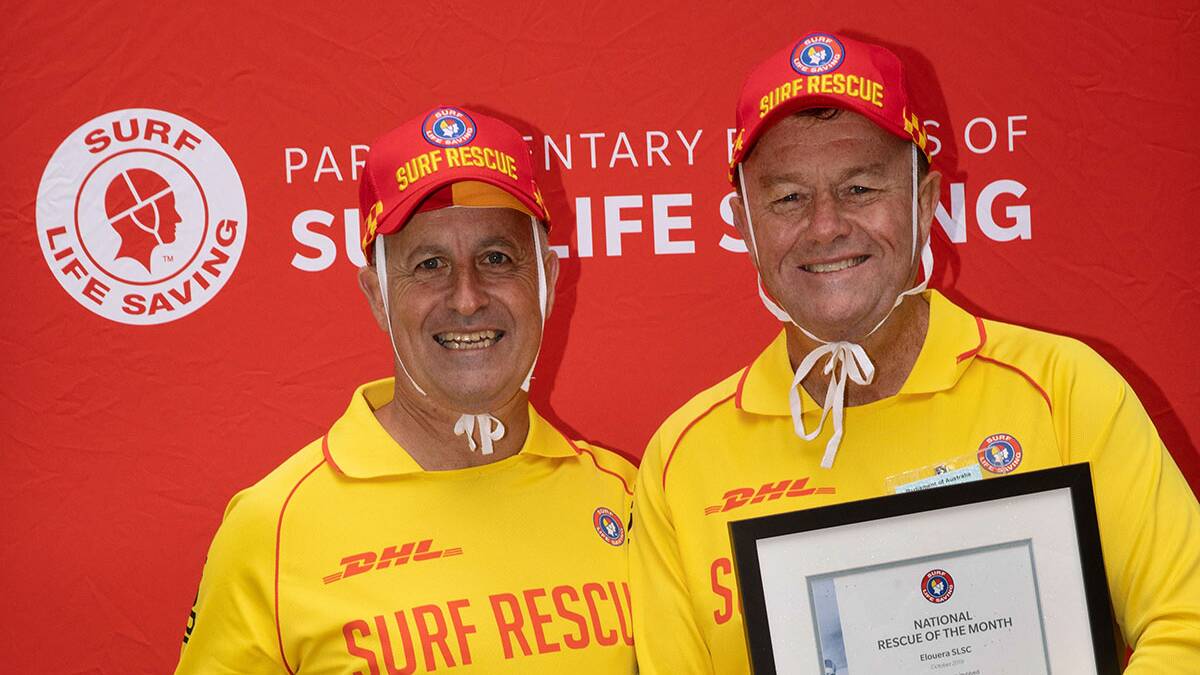 Rescue:Elouera SLSC surf lifesavers and Bronze instructors Peter Meletopoulo and Glenn Cairncross with their award.