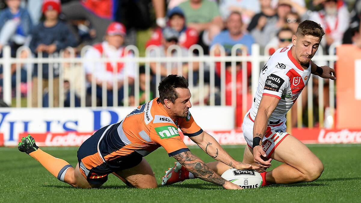 Mitchell Pearce of the Knights scores a try during the Round 10 NRL match between the St George Illawarra Dragons and the Newcastle Knights at Glen Willow Stadium in Mudgee, Sunday, May 19, 2019. Picture AAP /Dan Himbrechts