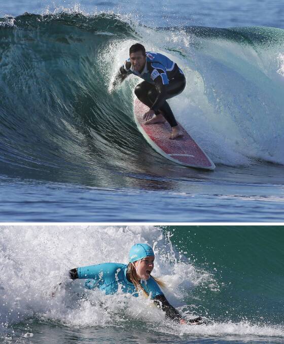 Battle: (Above) Sandshoes surfer Matt Cook celebrates their win in classic Cronulla style. (Below) Action from Saturday's Waw handplanes Whomp Off at North Cronulla Beach won by Dafinhi. Picture: John Veage 