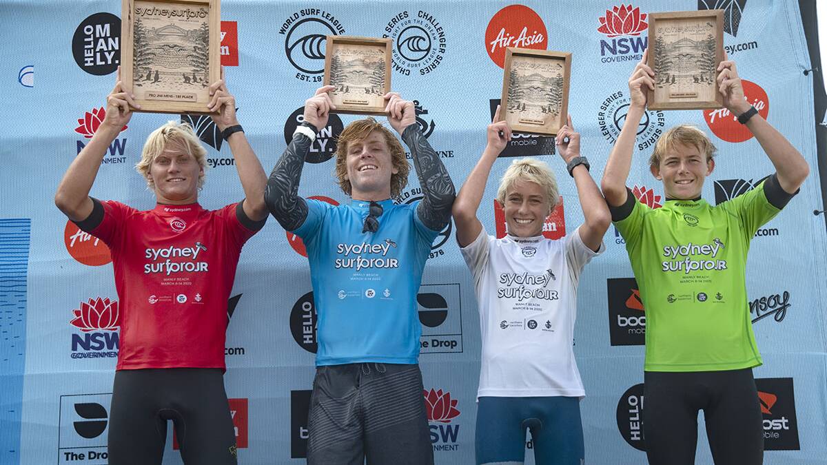 Jarvis Earle(white) on the podium at the Sydney Pro Junior.Picture Ethan Smith /WSL