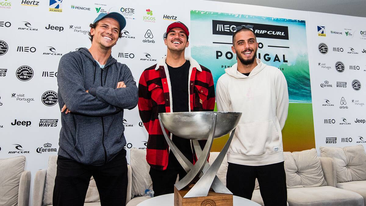 World Title contenders Julian Wilson (AUS), Gabriel Medina (BRA), and Filipe Toledo (BRA) have arrived in Portugal for the MEO Rip Curl Pro, Stop No. 10 on the Men's WSL Championship Tour. Picture  WSL / Mestre