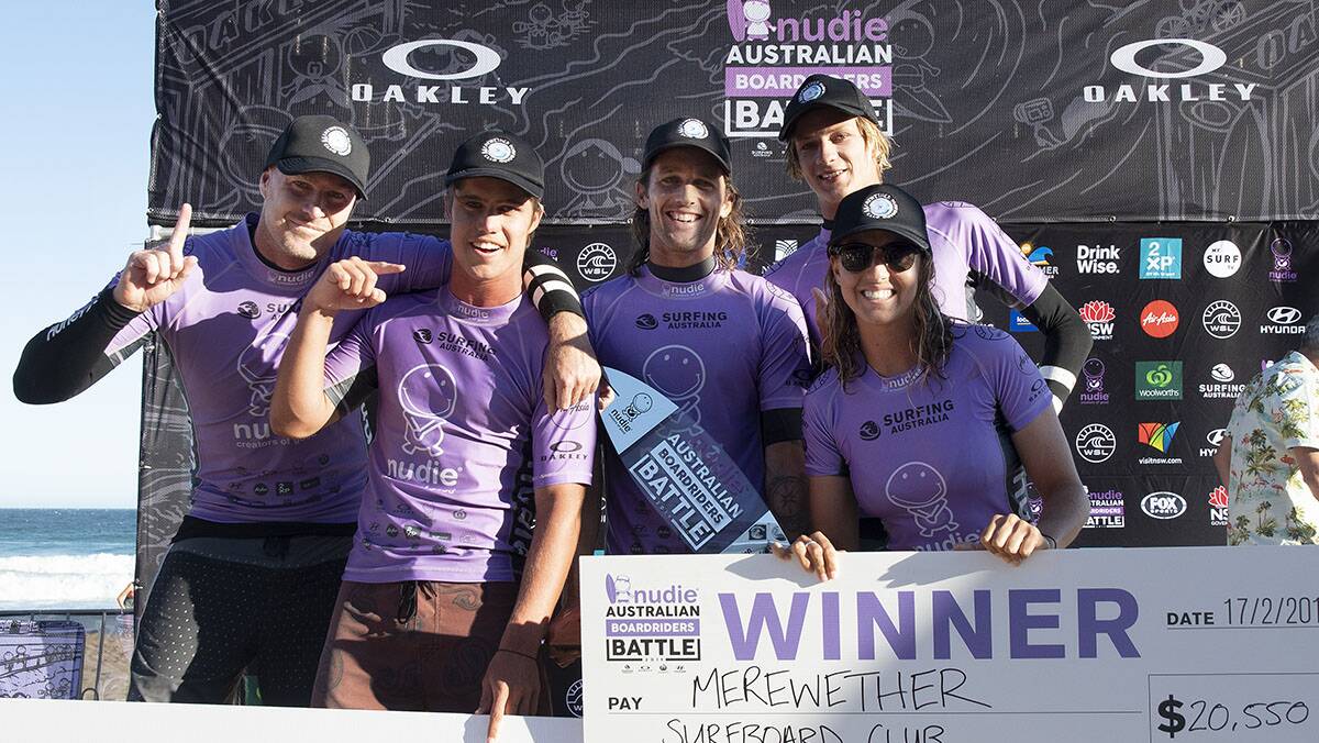 Merewether Surfboard Club celebrates victory in Newcastle as the new nudie Australian Boardriders Battle Series National Champions Picture: Blainey Woodham / Surfing Australia