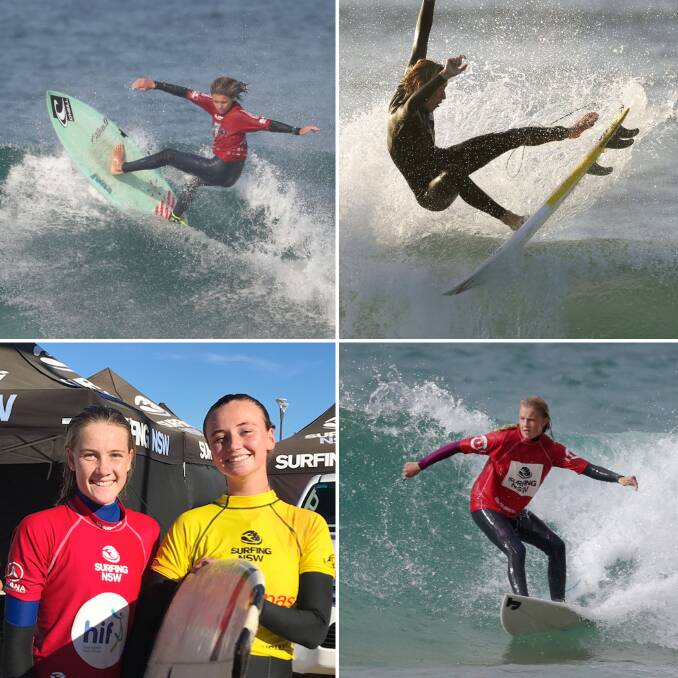 School titles: (Clockwise from top left) Jordy Turansky, Jay Brown, April Davey and Summer Halliwell-Quinn and Harriet Hurst were the best shire surfers at the Sydney Schools South Regional titles. Pictures: John Veage/Supplied