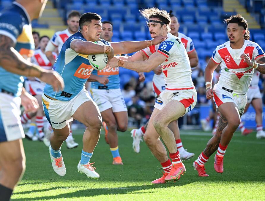 Trytime: David Fifita scored a barnstorming 34th-minute try and set up another in the Dragons' 32-10 loss to the Titans on Sunday. Picture: NRL Images
