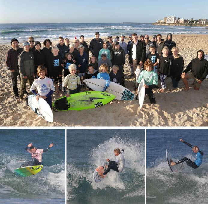 Club contest: (Above) Cronulla Sharks Boardriders Club members with Cronulla MP Mark Speakman on Saturday. (Below) Under-16s contest finalists Oliver Watson, Dane De Coque and Charlie Chedwiggin. Pictures: John Veage
