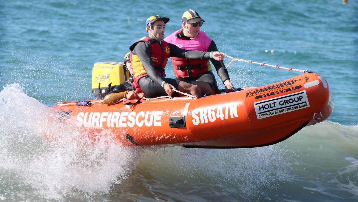 Duckies:The North Cronulla Inflatable Rescue Boat takes off on the Central Coast last weekend.Picture Richard Black