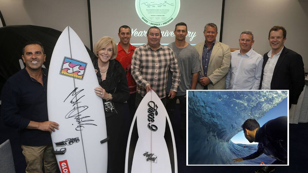 Celebration: Surfing Reserve stakeholders with special guest Damian Hardman at the dinner. (Inset) Ben Kiggins' winning picture. Picture: John Veage