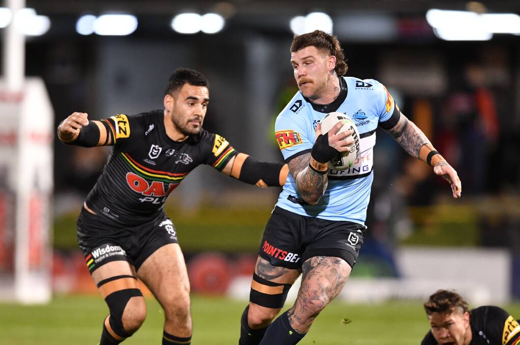 Loss:Centre Josh Dugan tried hard in an inexperienced Sharks team going down 38-12 to Penrith at the foot of the mountains.Picture NRL Images