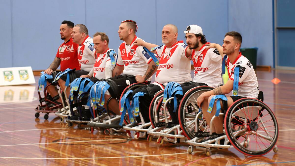Dominant force: The 2020 red hot Dragons are NSW Wheelchair Premiers whilst In second division the Canberra Raiders beat the Cronulla Sharks 38-28 at Menai Indoor Sports Centre. Picture: Steve Monty 