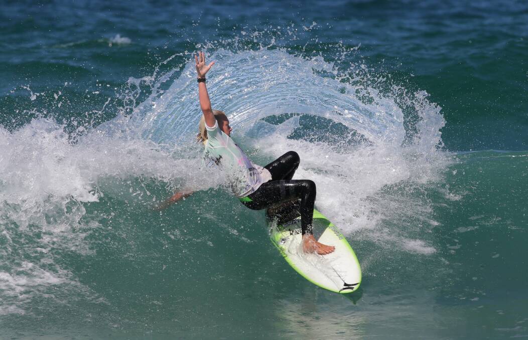 Slashing: Kalani Vandepolder won the under-16s division of Cronulla Sharks Boardriders Beach Burrito contest on Saturday. Kash Brown won the under-13s, Lilly Brown the girls and Jay Brown the opens. Picture: John Veage