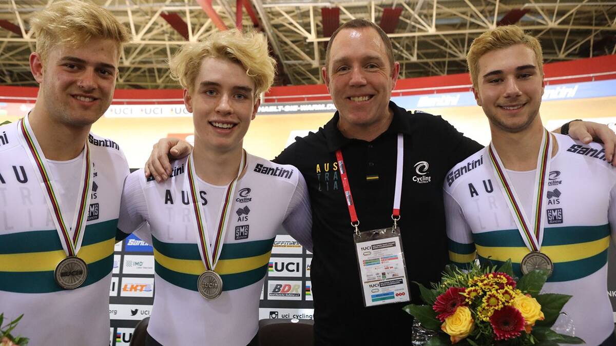 Silver: St George's John Trovas (right) picked up a silver medal in his first Junior Track Cycling World Championships in the team sprint. Picture: Andrew Trovas