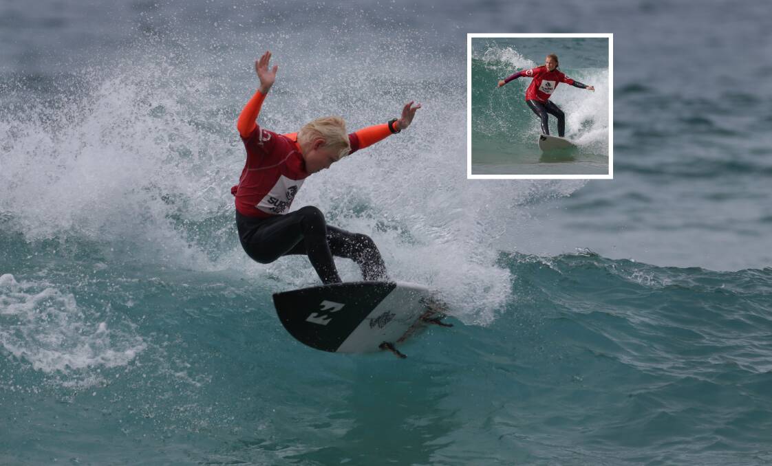 Top seeds: Sam Cornock came out firing in his first round at the Maroubra junior regional surfing titles and didn't look back in winning the final. (Inset) April Davey also won the under-16 girls final. Picture: John Veage