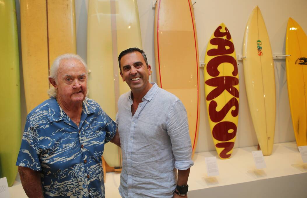 Surfs Up: Legendary Brian Jackson and Mayor Pesce open the Southern Swell exhibition at Hazelhurst Art Gallery on Saturday. Picture: John Veage