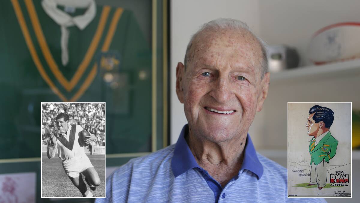 Celebration:Tommy Ryan at his Caringbah home "I've been lucky" and (inset) playing for St George and representing Australia. Picture: John Veage.