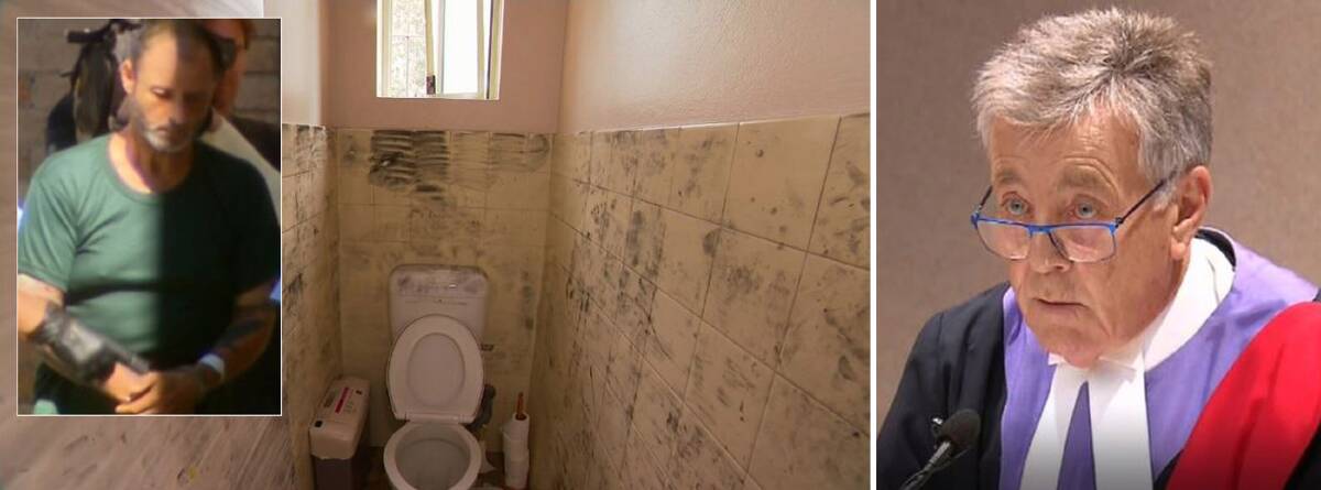 "Terrifying ordeal": Anthony Sampieri and the toilets where the attack occurred. Right: Judge Paul Conlon delivers the sentence. Pictures: 7 News and 9 News