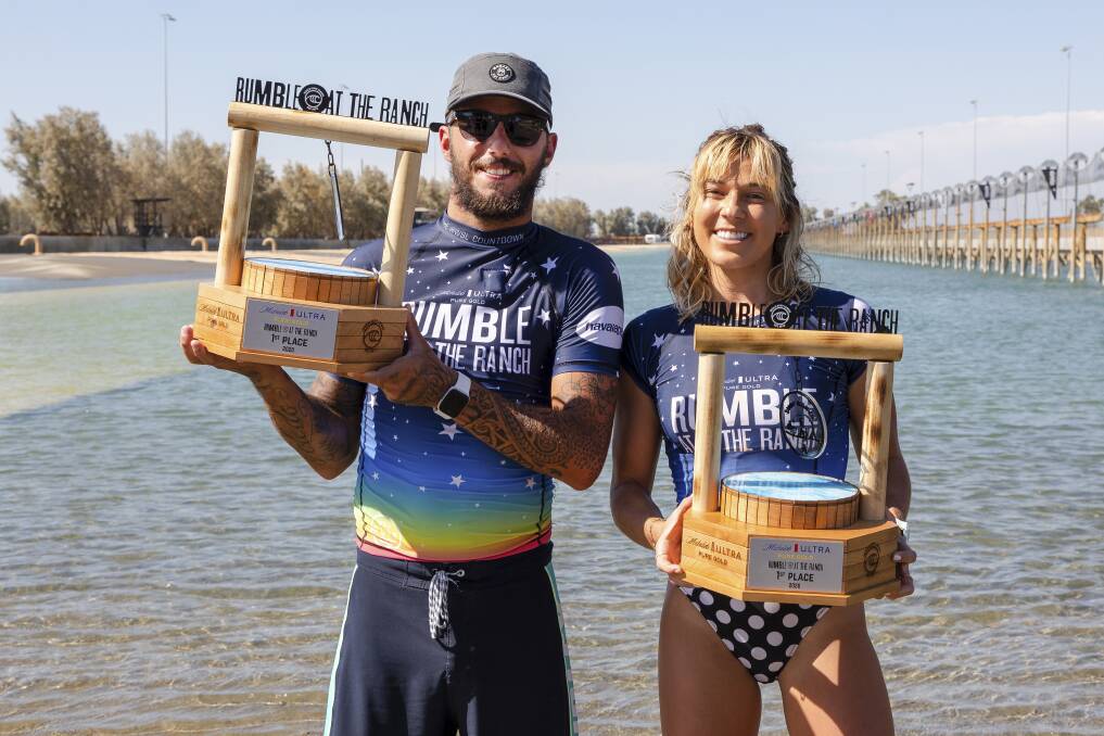 Coco Ho (HAW) and Filipe Toledo (BRA) claim victory at the Michelob ULTRA Pure Gold Rumble at the Ranch. Picture: WSL / Lawrence