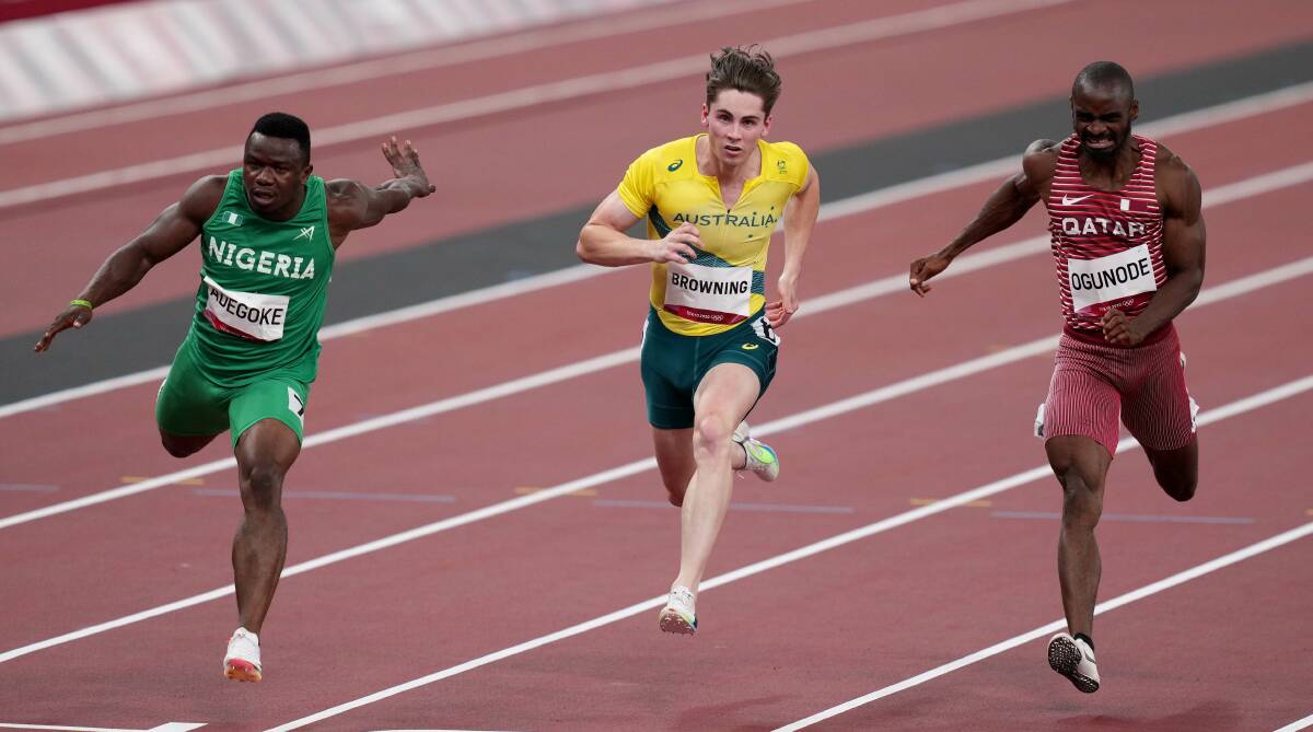 Future: Rohan Browning crosses the finish line in 5th place in the Mens 100m semi final during the Tokyo 2020 Olympic Games. Picture AAP Image/Joe Giddens