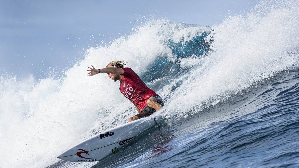 Owen Wright  eliminated Joan Duru (FRA) in Round 2 Heat 6 of the Tahiti Pro . Wright will be up against 2012 WSL Champion Joel Parkinson in Round 3 when competition resumes. Picture WSL / Poullenot