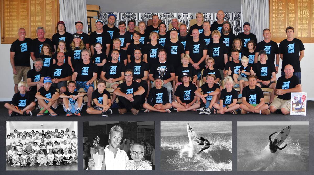 40 years: [Top] Cronulla Boardriders today. [Bottom left to right] Cronulla in 1980, Sean Charters with club patron Joe, Gary Green and Jay Brown.