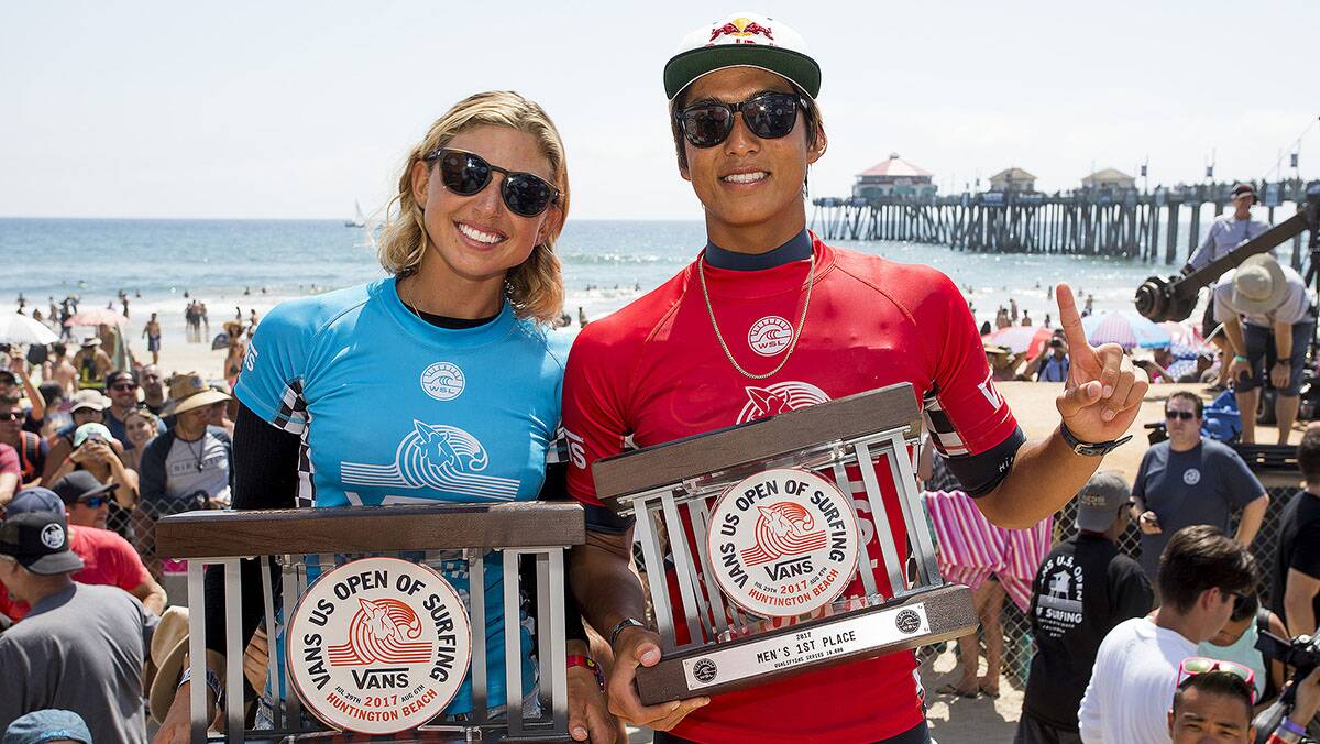  Californians Kanoa Igarashi (USA) and Sage Erickson (USA) celebrate their wins at the Vans US Open of Surfing. Picture: © WSL / Morris