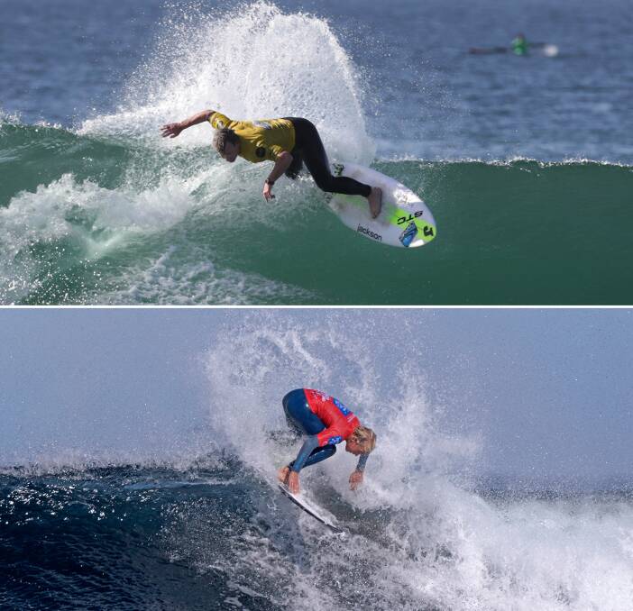 Seven titles: (Above) Garie Boardriders 2019 champion Ian Spencer. (Below) Elouera junior star Jarvis Earle competing at Margaret River. Pictures: John Veage/Blainey Woodham Surfing Australia 