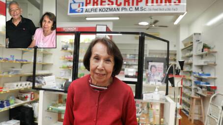 Esmet Kozman on her last day in the Woolooware Pharmacy. Inset Alfie and Esmet. Main picture by John Veage