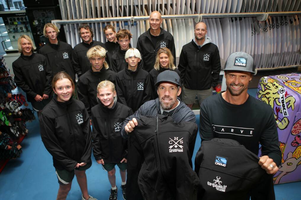 The Cronulla High School surf team with Howie from Triple Bull and Matt Carve.Picture John Veage