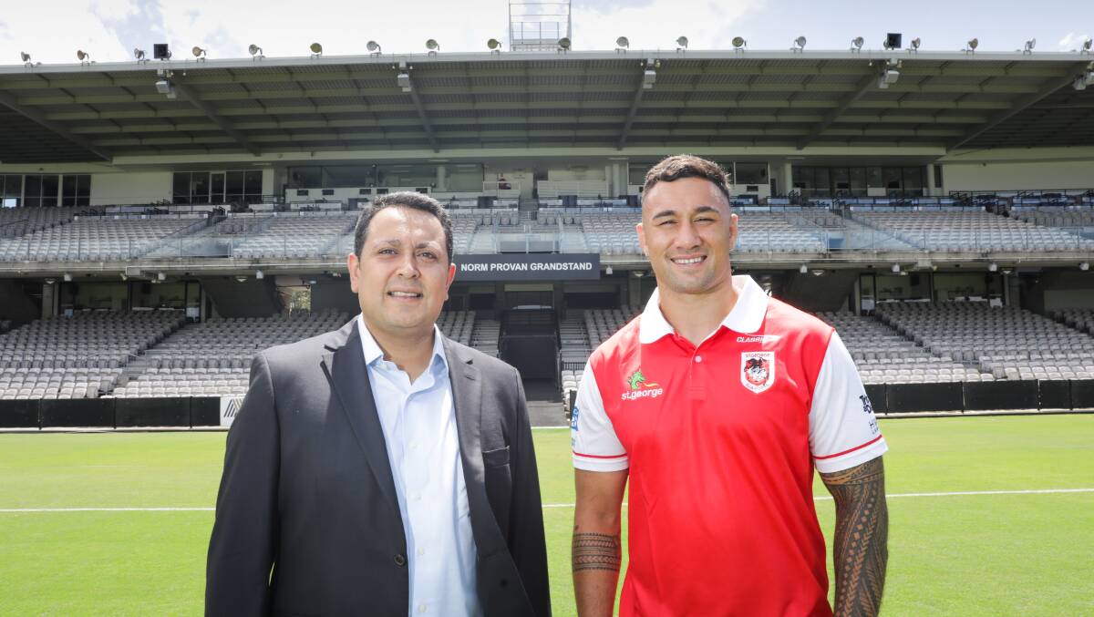 Georges River Council Mayor Sam Elmir and Dragons second rower Jaydn Su'a inspect the Netstrata facilities at Kogarah. Picture John Veage
