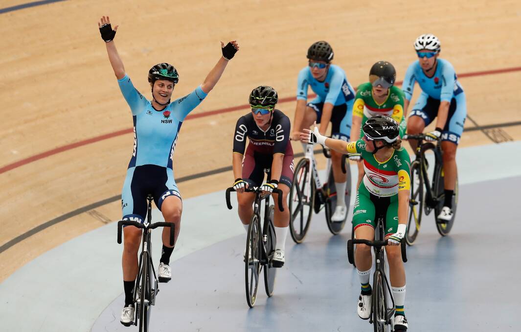 Podium ready: St George cycling star Ashlee Ankudinoff wins the national points race title in Brisbane last week. Picture: Con Chronis/Cycling Australia