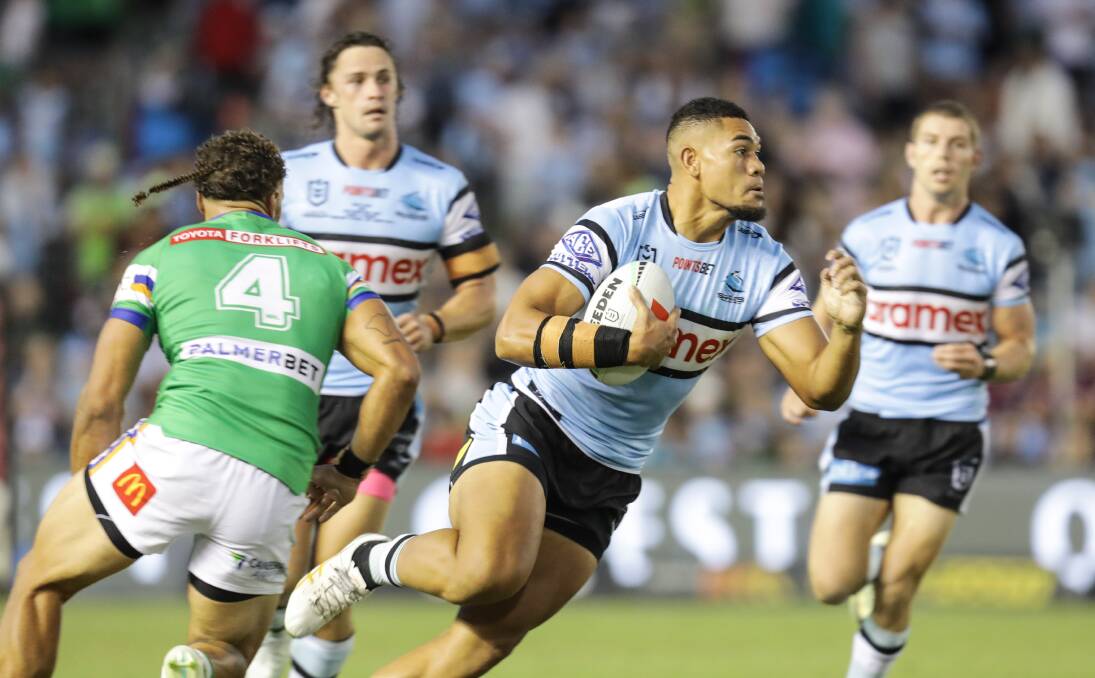 Powerful young prop Tuku Hau Tapuha played his third game up front as the Sharks bounced back to defeat the Raiders 36-22 at home. Picture John Veage