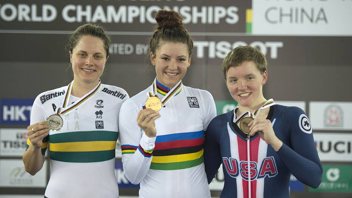 Sixth medal:The USA’s Chloe Dygert (centre) was just too good for the Individual pursuit field.Picture Casey Gibson