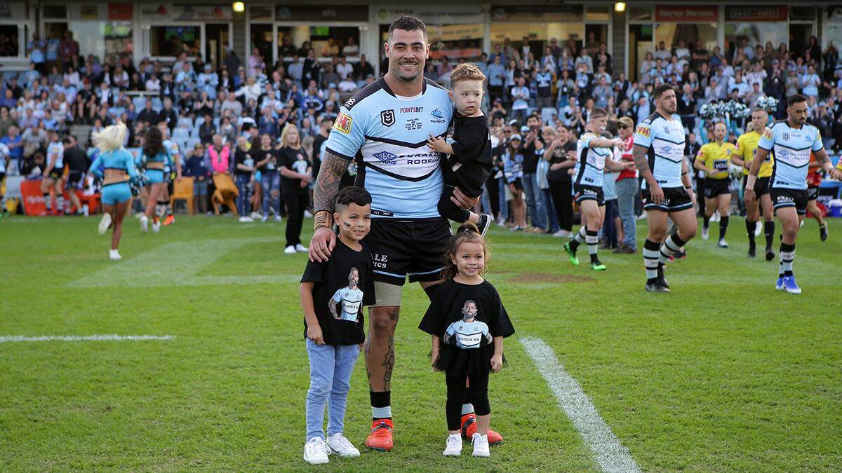 Milestone: Sharks prop Andrew Fifita with his children at the start of his 200th game.Picture John Veage