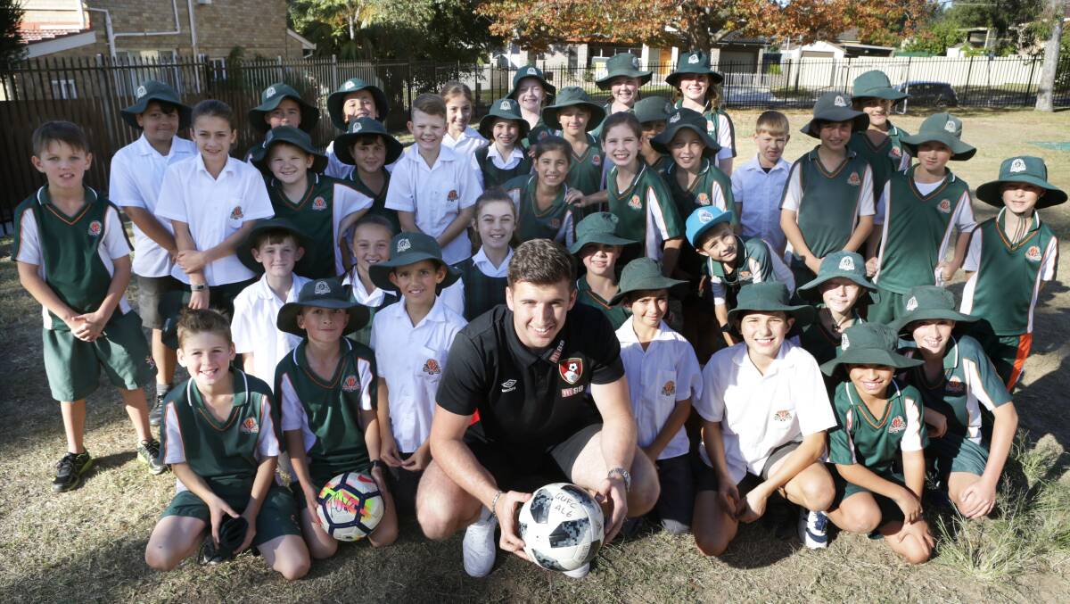 Dreaming big: Bangor Brumbies junior and Bournemouth goalkeeper Jordan Holmes meets the students at Sylvania Heights Public School. Picture: John Veage