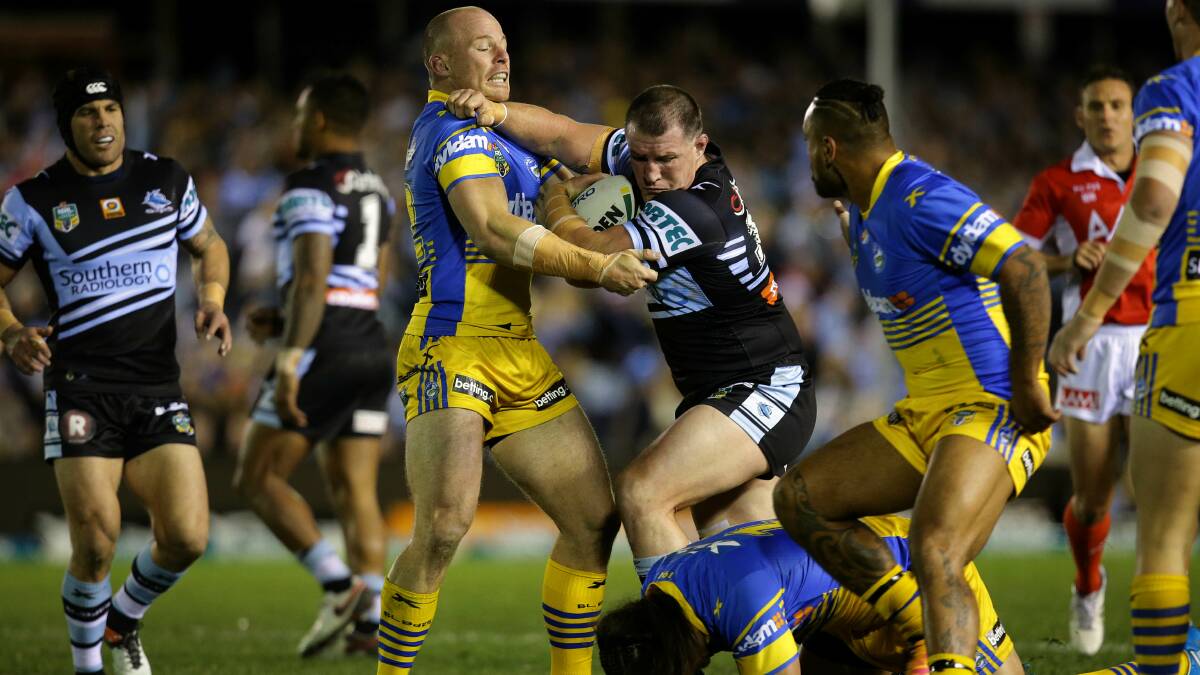 Leader: Sharks captain Paul Gallen on the charge against the Eels. Picture: John Veage