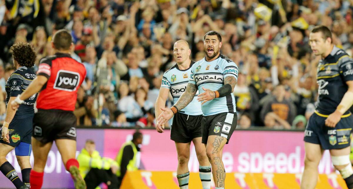 Sharks prop Andrew Fifita remonstrates with the referee. Picture: Chris Lane