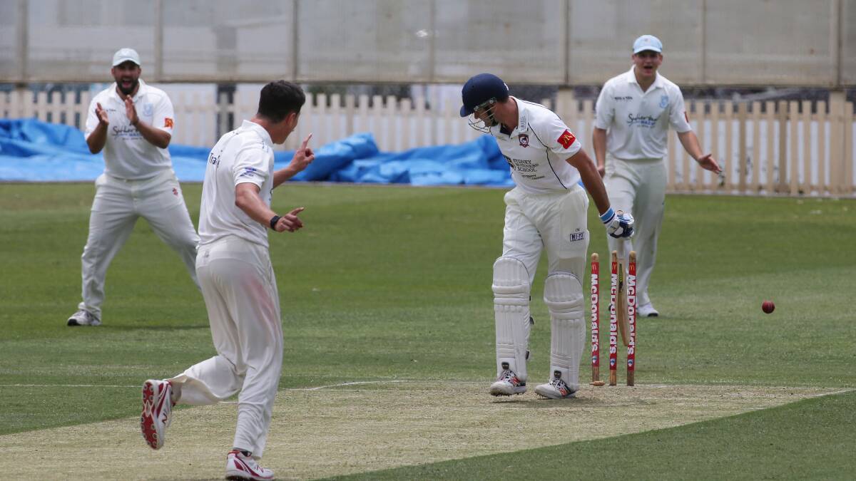 Knocked over: Sutherland's Ben Dwarshuis bowls Eastern Suburbs batsman Ian Moran for 23 on day one of the two-day, round five clash at Glenn McGrath Oval. Picture: John Veage