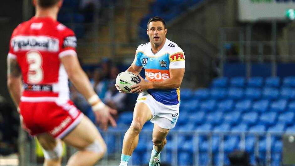 Michael Gordon runs the ball for the Titans in his last NRL game. Picture: NRL/Twitter