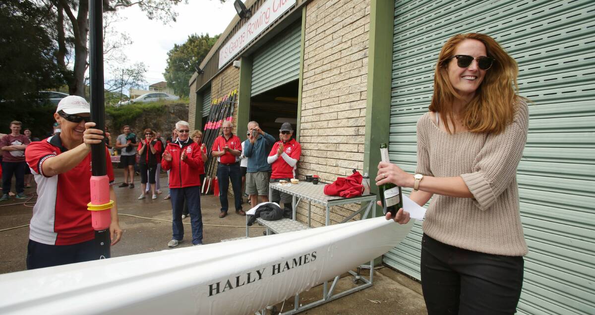 To Hally: Former junior world champion Hally Hames (right) celebrates the naming of her boat at the St George Rowing Club, Como on Sunday. Picture: Chris Lane