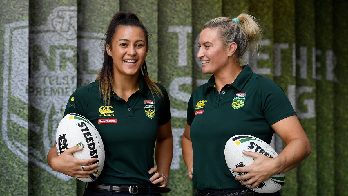 Bright future: Cronulla Sharks and Jillaroos stars Corban McGregor (left) and Ruan Sims at the press conference for the launch of a women's NRL competition. Picture: AAP