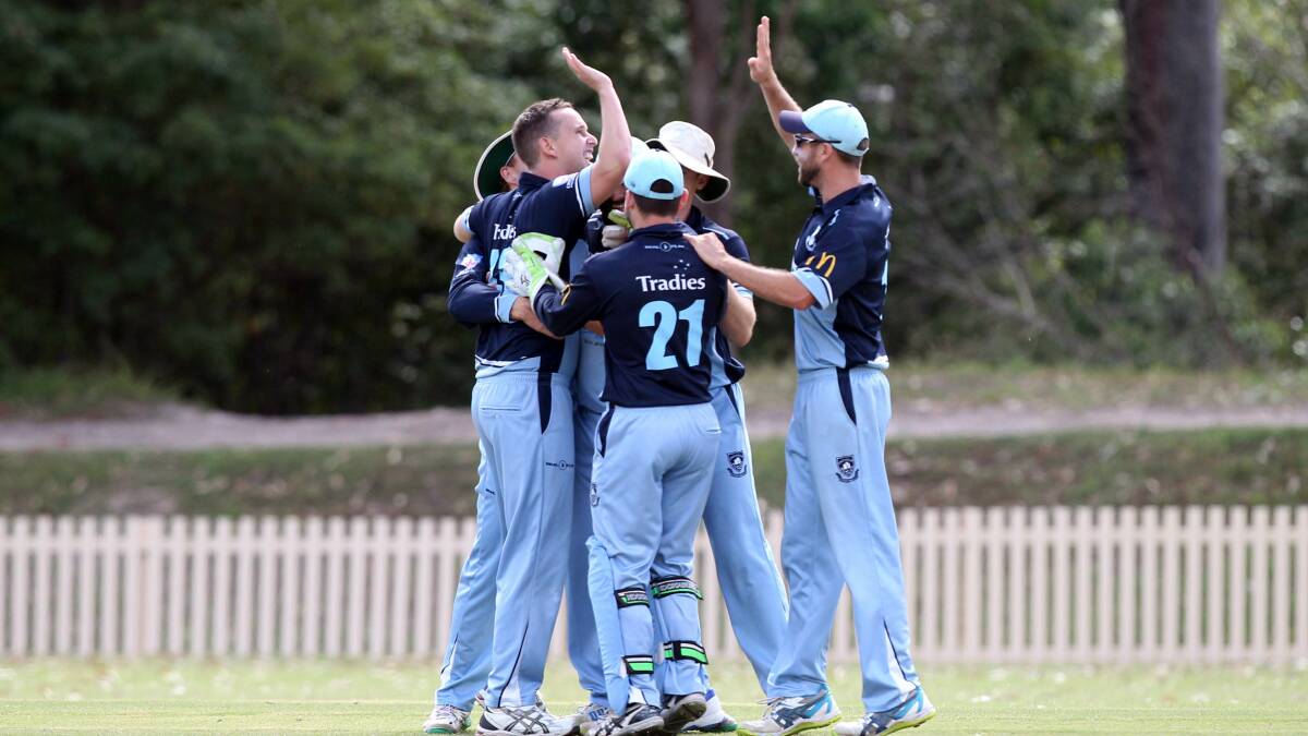 Happy Sharks: Sutherland players celebrate taking another wicket. Pictures: Chris Lane