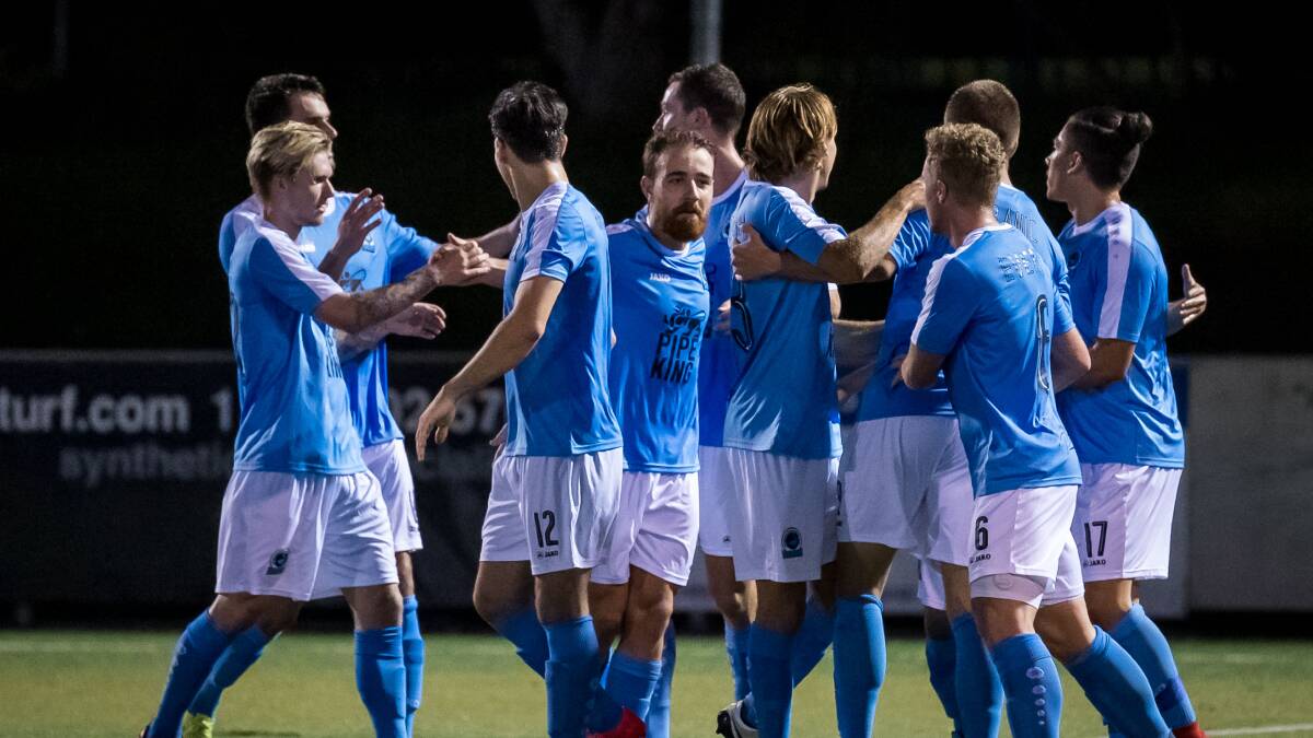 Feeding frenzy: Sutherland players celebrate as the Sharks ended Wollongong's unbeaten start to the season on Saturday night. Picture: George Loupis/Football NSW