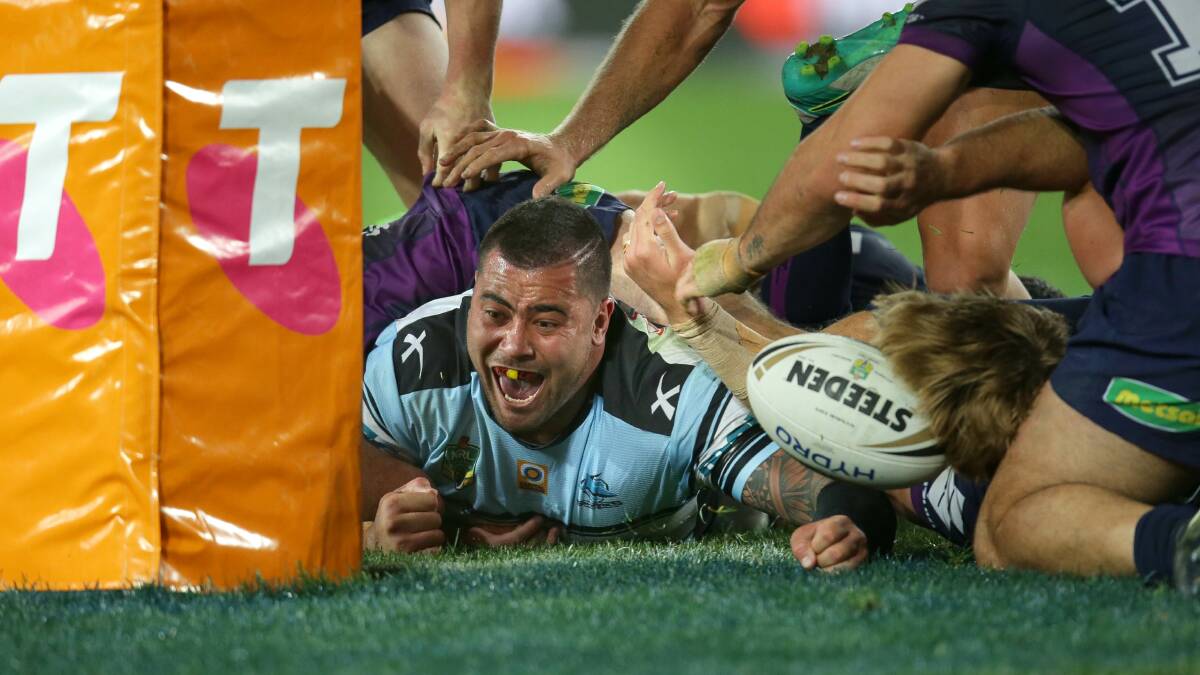 The moment: Sharks prop Andrew Fifita scoring the match-winning try. Picture: John Veage